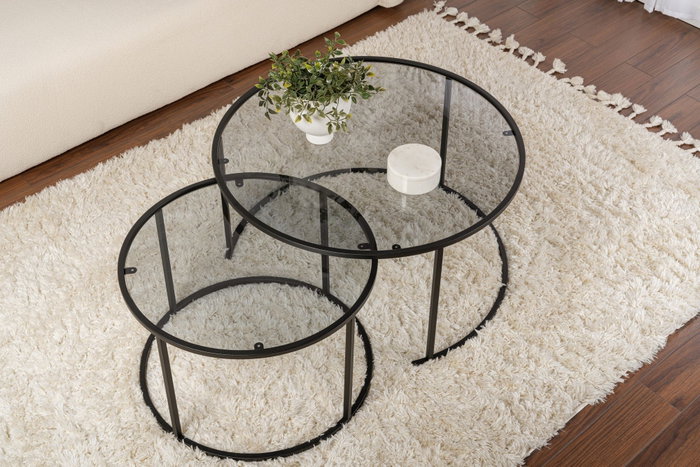 Hanah Home Juego de Mesas de Café Redondas 80-60 cm Vidrio Templado y Metal Negro